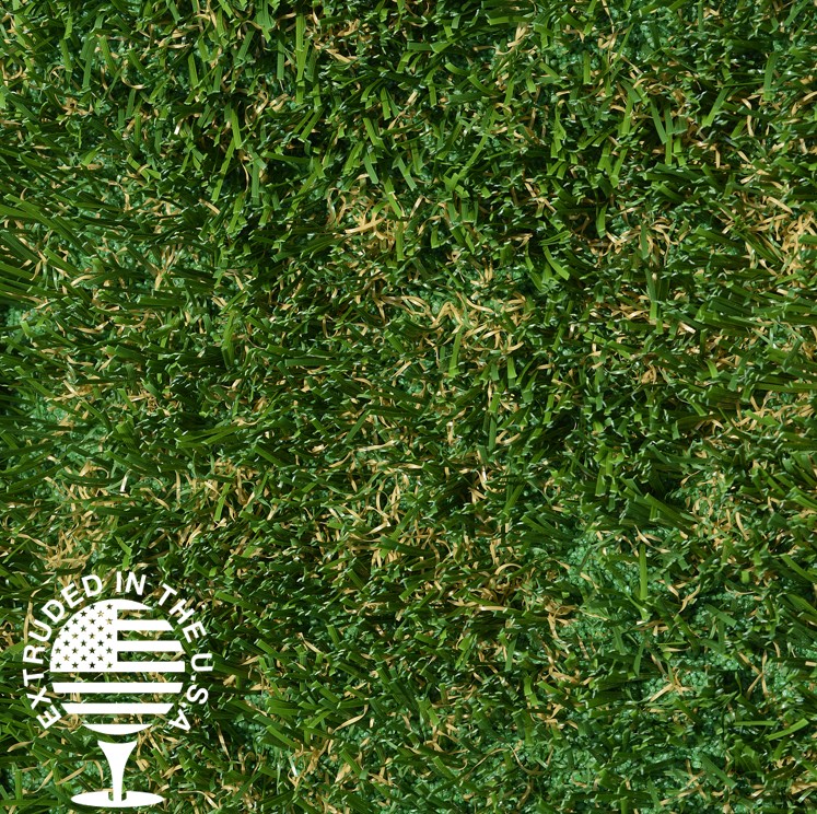 A close up image of artificial grass that is green with some brown.